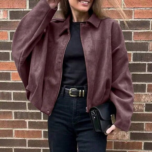 Burgundy Casual Women's  Loose Long Sleeves Zip Bomber Coat Jacket Outerwear - Picture 2 of 6